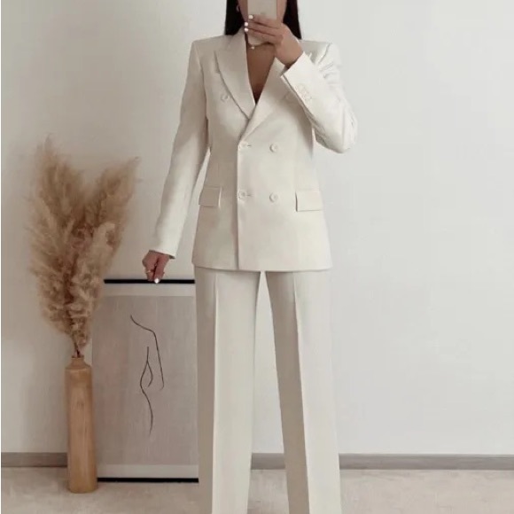 ZARA WOMAN TAILORED SET DOUBLE BREASTED BLAZER JACKET PANTS ECRU
